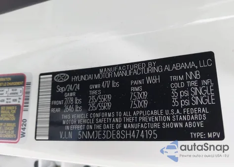 2025 Hyundai Tucson Limited z USA, uszkodzony, nr VIN 5NMJE3DE8SH474195